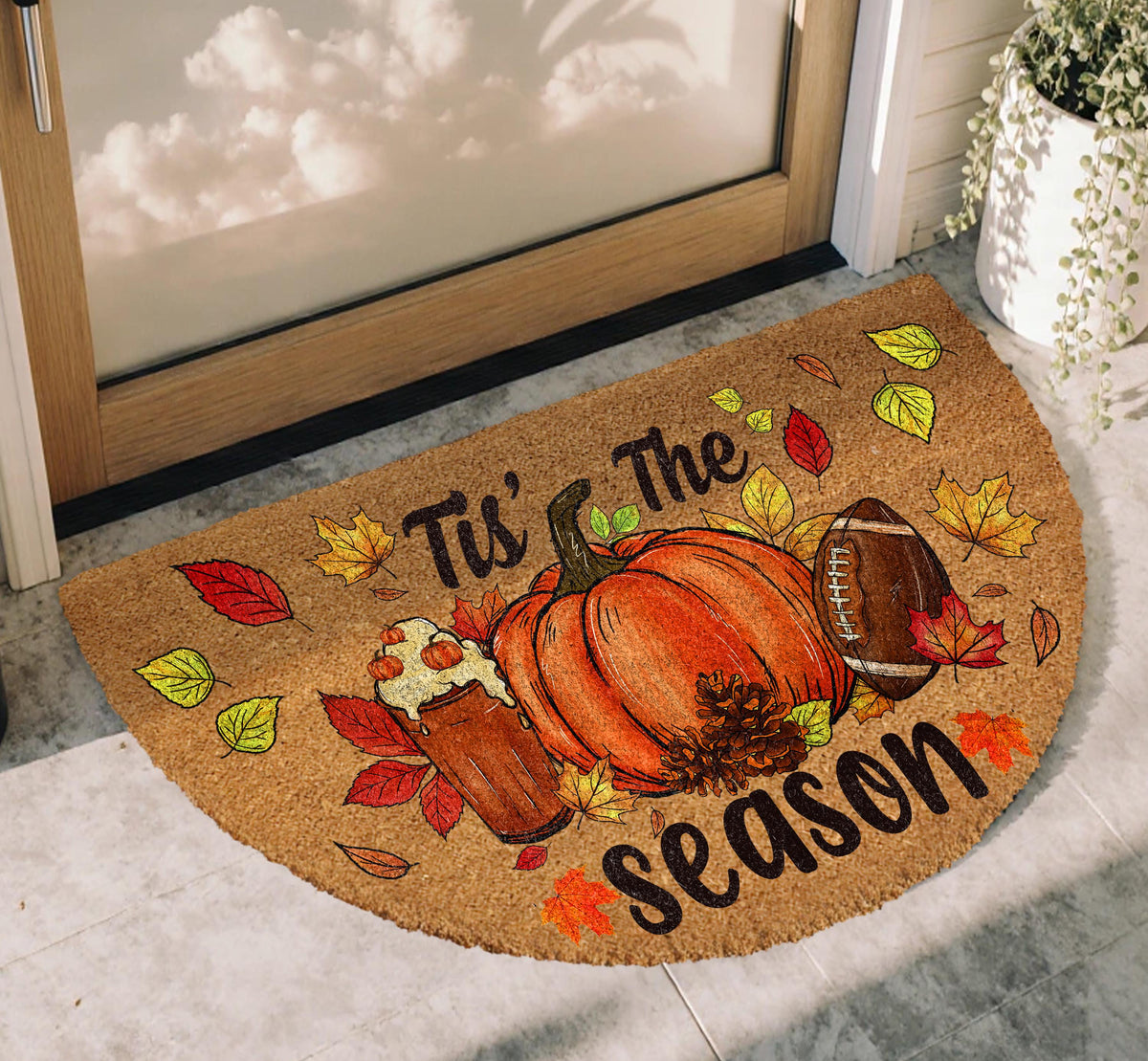 Fall Season Doormat, Pumpkin Spice Latte Football Welcome Mat, Thanksgiving Home Decor