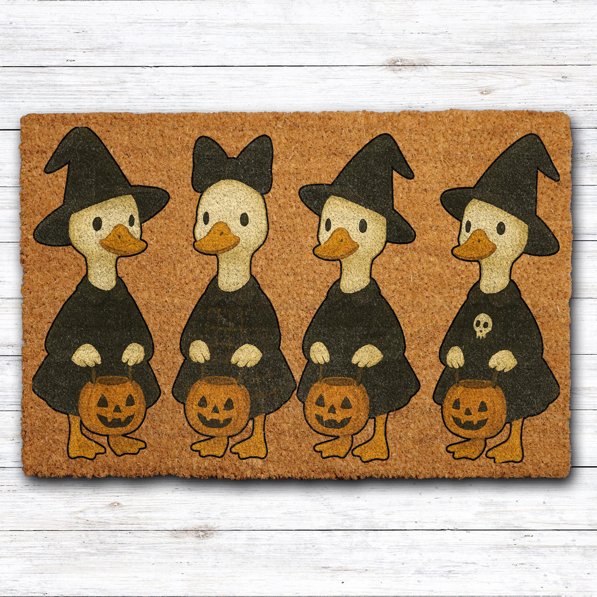 Cute Witch Ducks Halloween Doormat, Witchy Goose Welcome Mat, Trick or Treat Home Decor