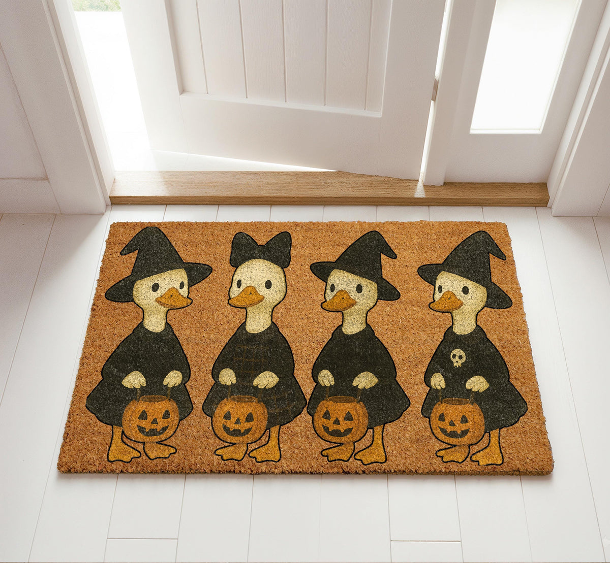 Cute Witch Ducks Halloween Doormat, Witchy Goose Welcome Mat, Trick or Treat Home Decor