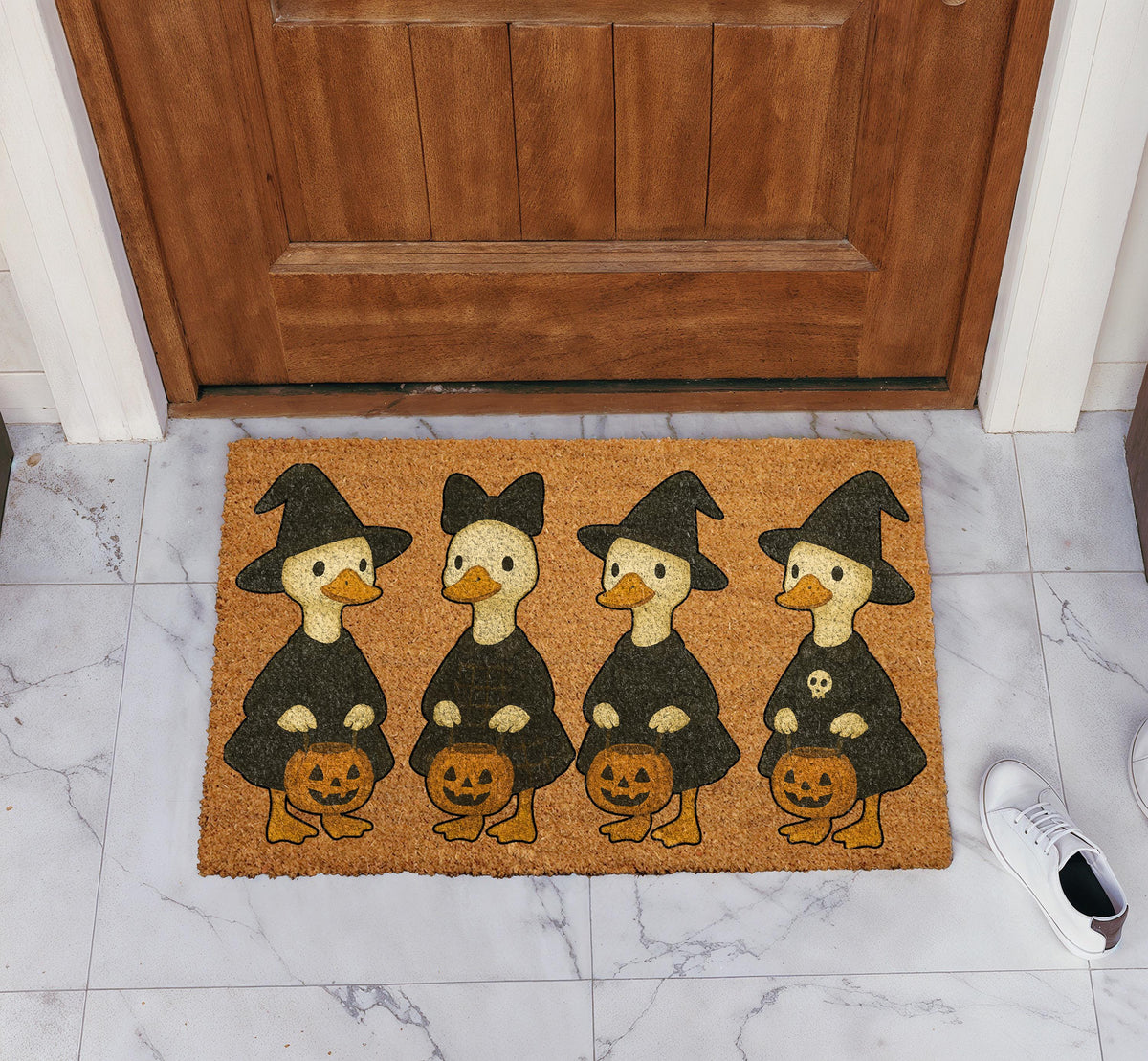 Cute Witch Ducks Halloween Doormat, Witchy Goose Welcome Mat, Trick or Treat Home Decor