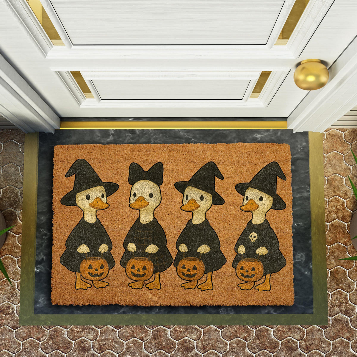 Cute Witch Ducks Halloween Doormat, Witchy Goose Welcome Mat, Trick or Treat Home Decor