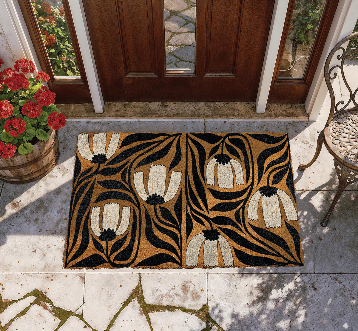 New Art Design Floral Doormat, Black and White Botanical Home Decor, Flower Garden Welcome Mat