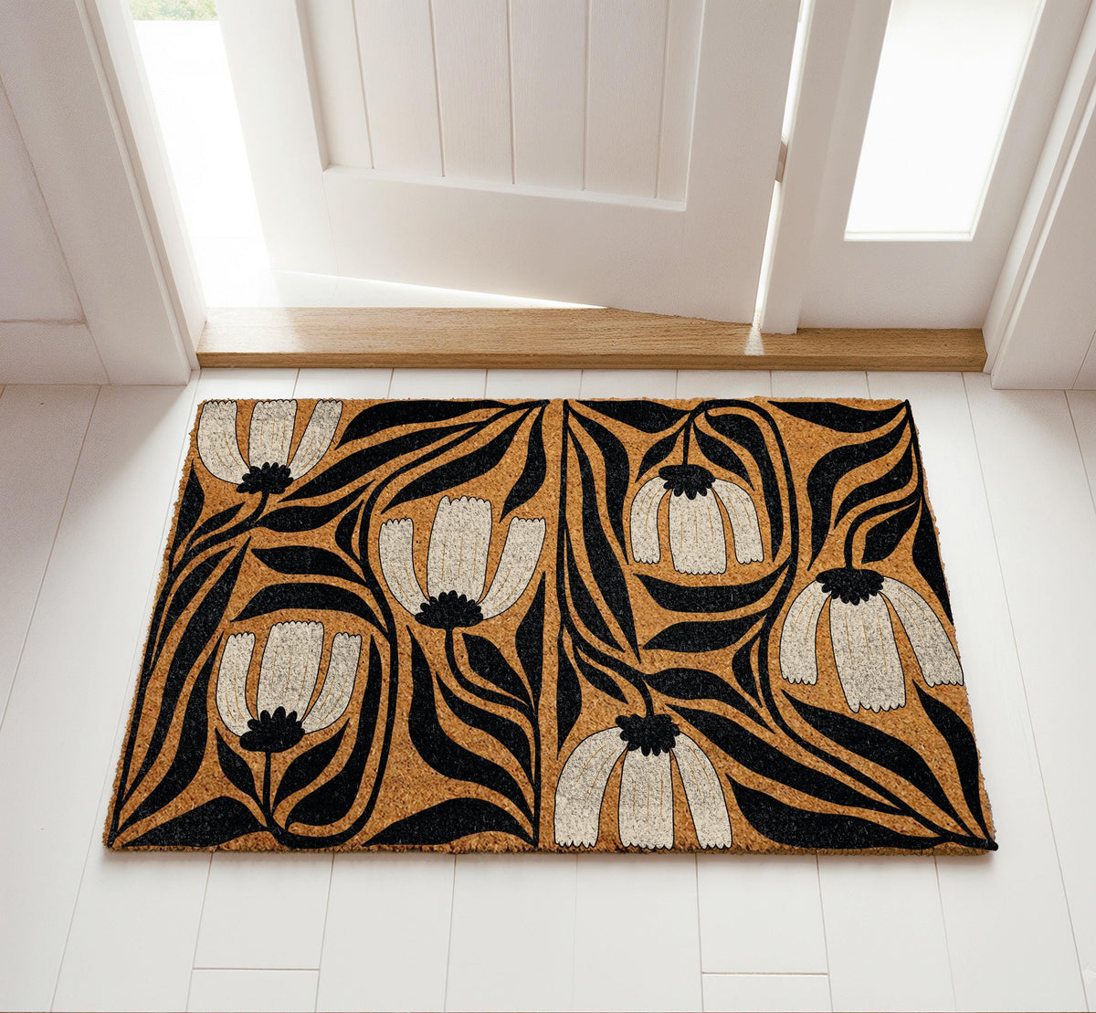 New Art Design Floral Doormat, Black and White Botanical Home Decor, Flower Garden Welcome Mat