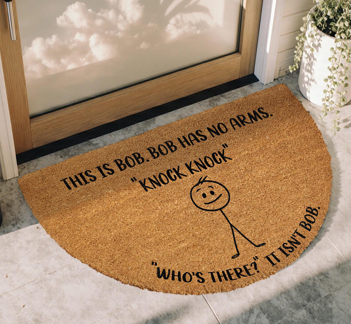 This is Bob Doormat, Knock Knock Who's There Welcome Mat, Stick Figure Porch Door Mat