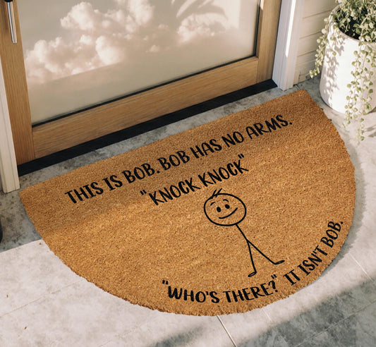 This is Bob Doormat, Knock Knock Who's There Welcome Mat, Stick Figure Porch Door Mat