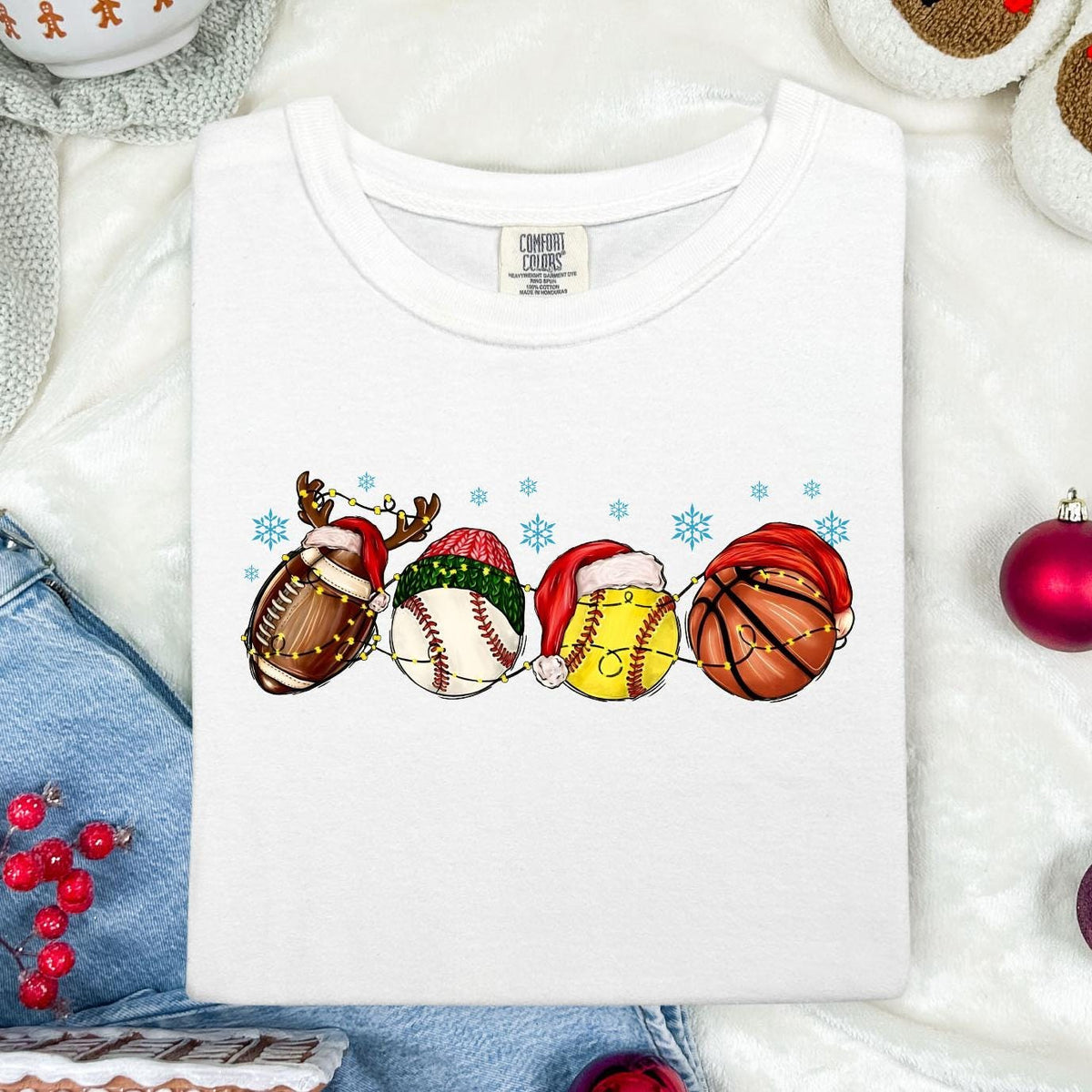 Sports Lovers Christmas Comfort Colors® Shirt, Holiday Season Sport Dad T-Shirt, Festive Sports Balls Crewneck Tee, Xmas Theme Sport Gift