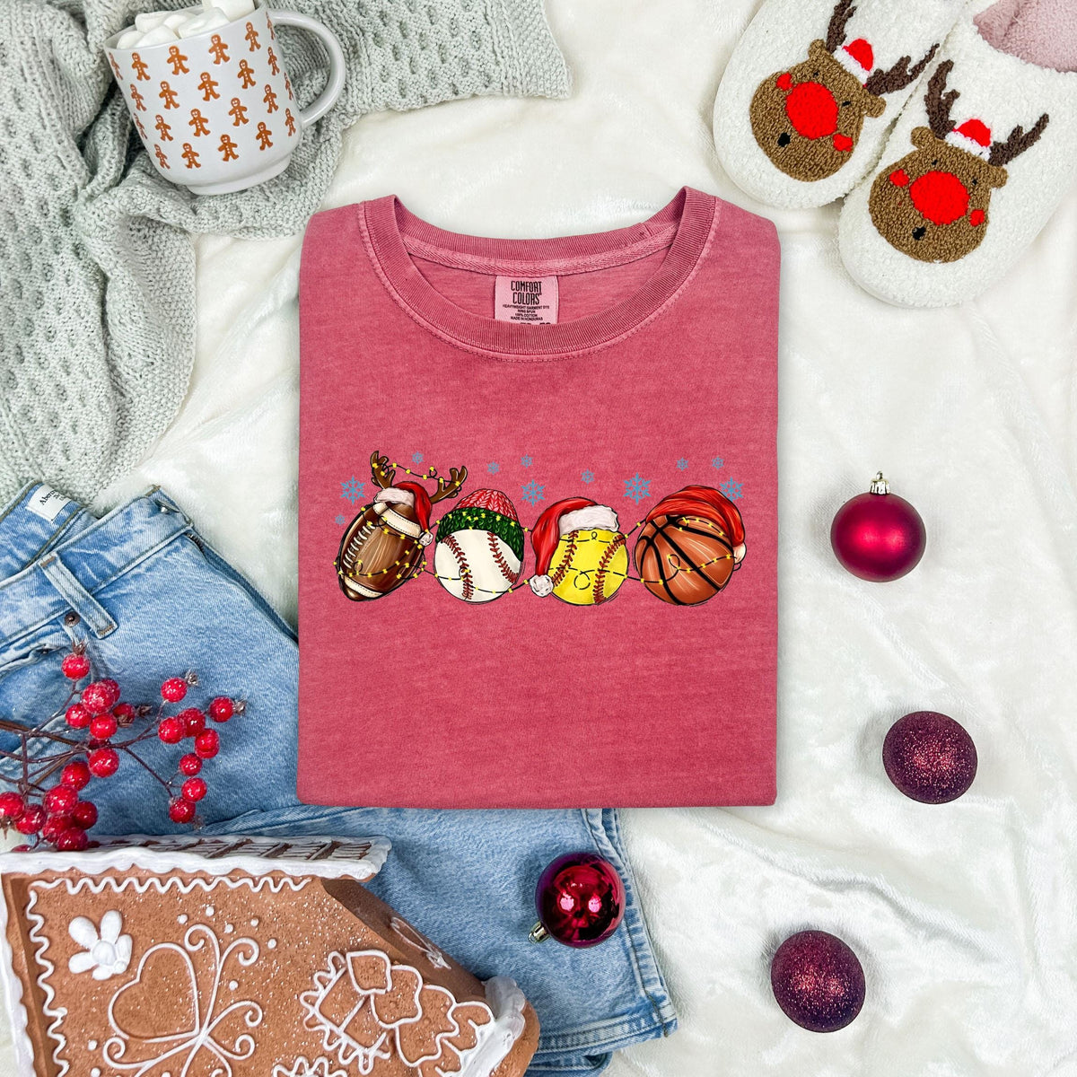 Sports Lovers Christmas Comfort Colors® Shirt, Holiday Season Sport Dad T-Shirt, Festive Sports Balls Crewneck Tee, Xmas Theme Sport Gift