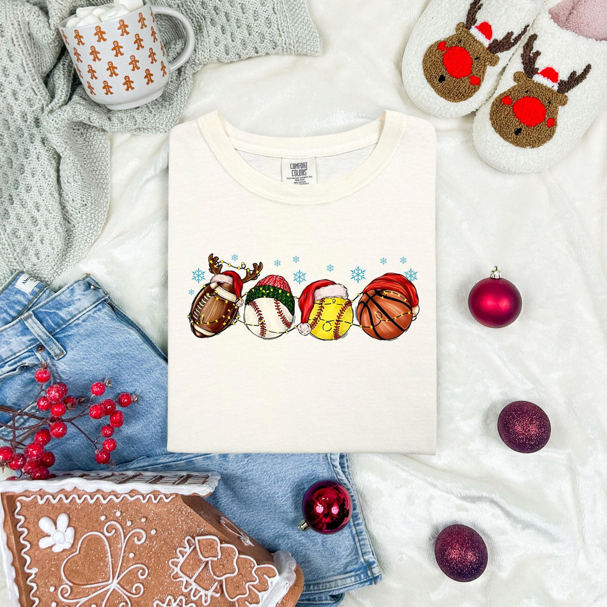 Sports Lovers Christmas Comfort Colors® Shirt, Holiday Season Sport Dad T-Shirt, Festive Sports Balls Crewneck Tee, Xmas Theme Sport Gift