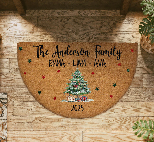 Personalized Family Name Christmas Doormat, Christmas Tree Welcome Mat