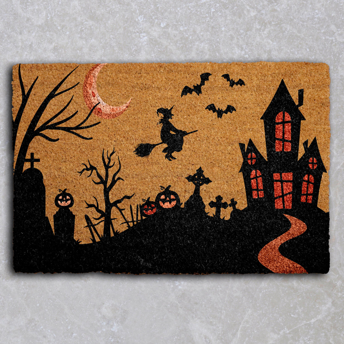 Haunted House Witch Doormat, Halloween Welcome Mat, Spooky Graveyard Home Decor