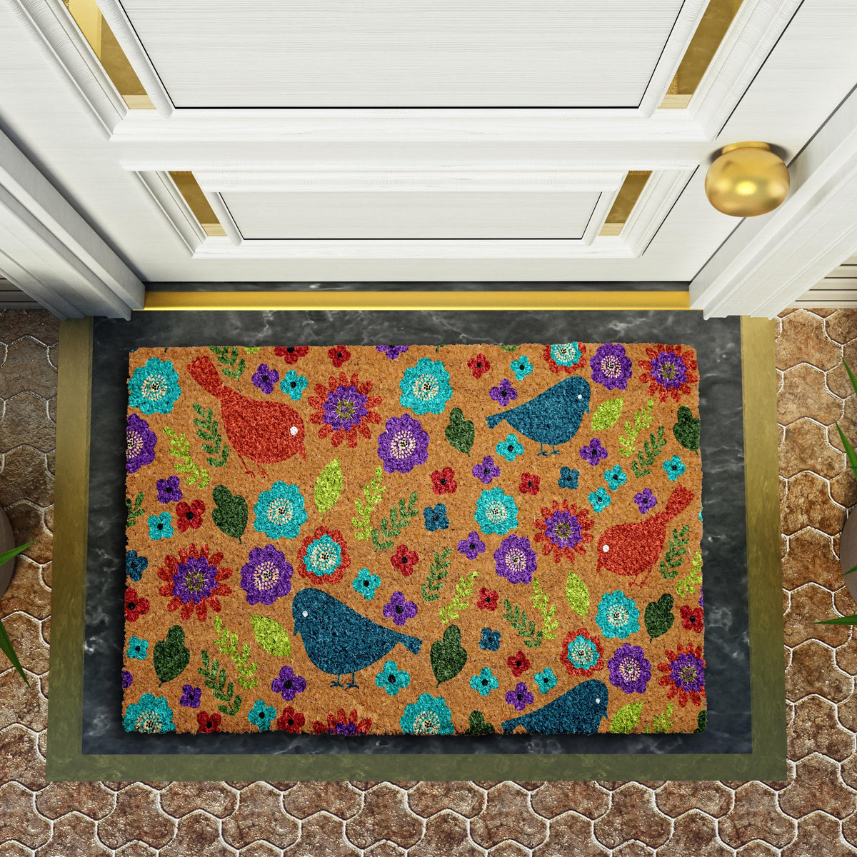 Flowers & Birds Doormat, Garden Theme Porch Decor, Boho Floral Welcome Mat
