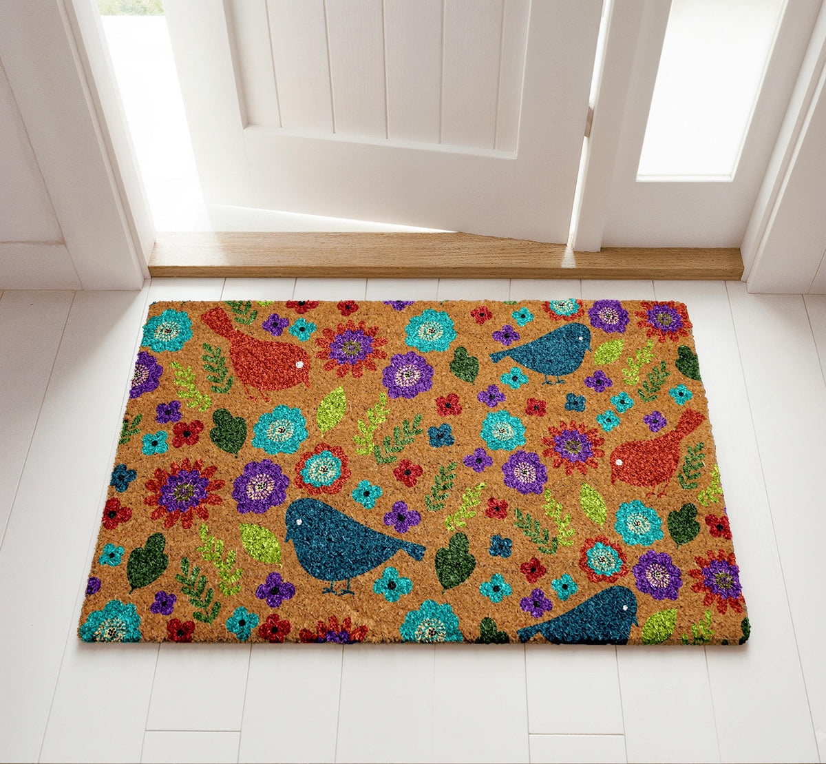 Flowers & Birds Doormat, Garden Theme Porch Decor, Boho Floral Welcome Mat