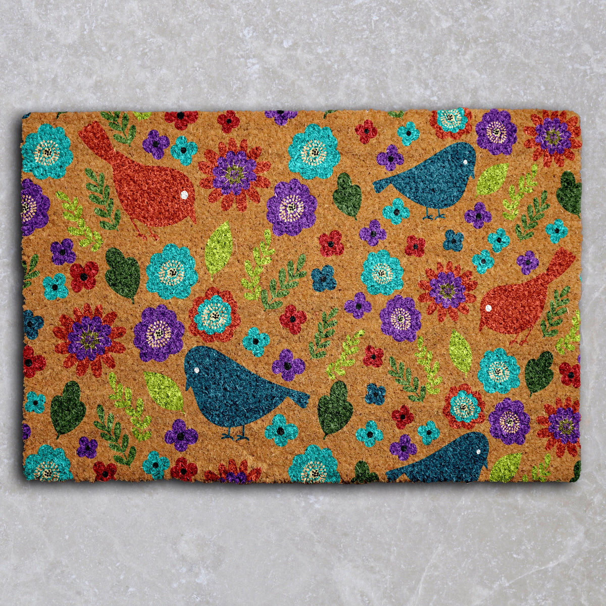 Flowers & Birds Doormat, Garden Theme Porch Decor, Boho Floral Welcome Mat