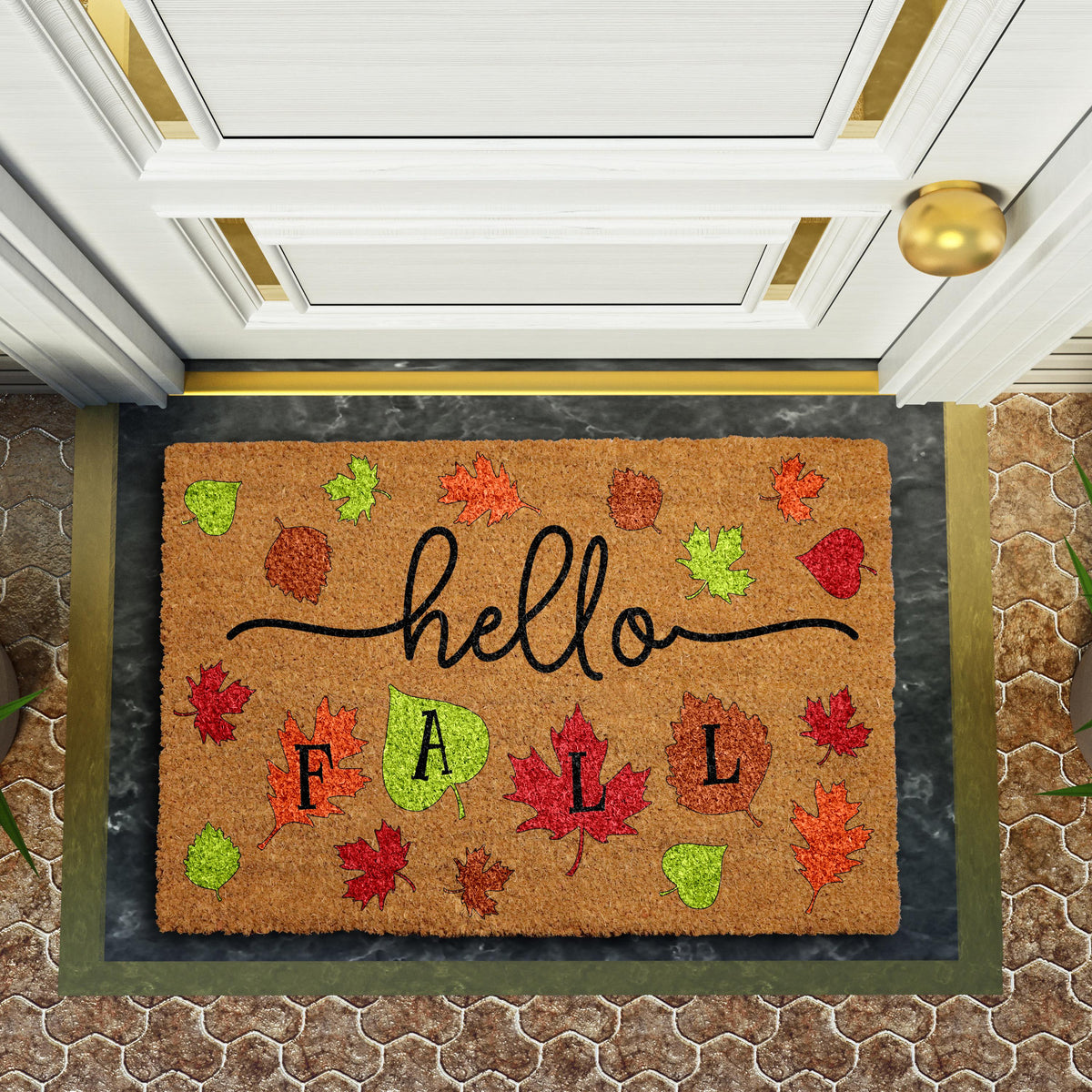 Hello Fall Doormat, Autumn Leaves Welcome Mat, Cute Seasonal Home Decor