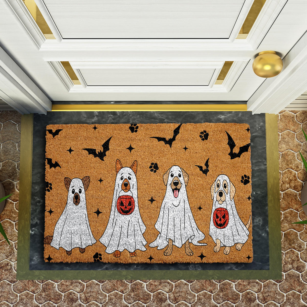 Ghost Dogs Doormat, Cute Halloween Welcome Mat, Dog Lover Gift, Funny Fall Porch Decor