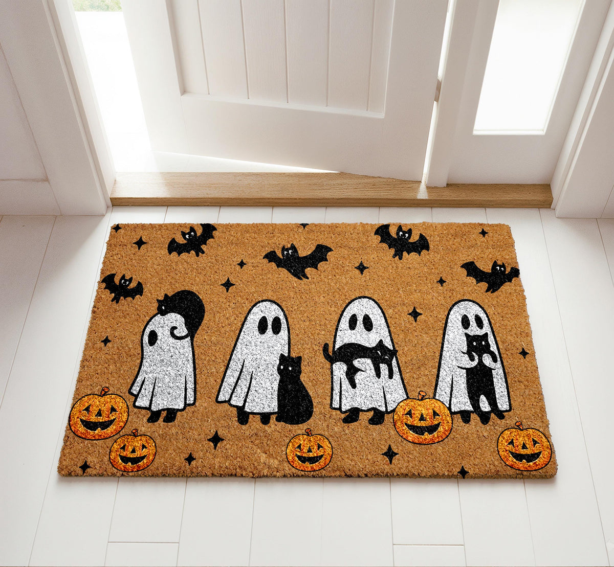 Cats & Bats Halloween Door Mat, Spooky Cats Doormat, Cute Ghosts Fall Decor