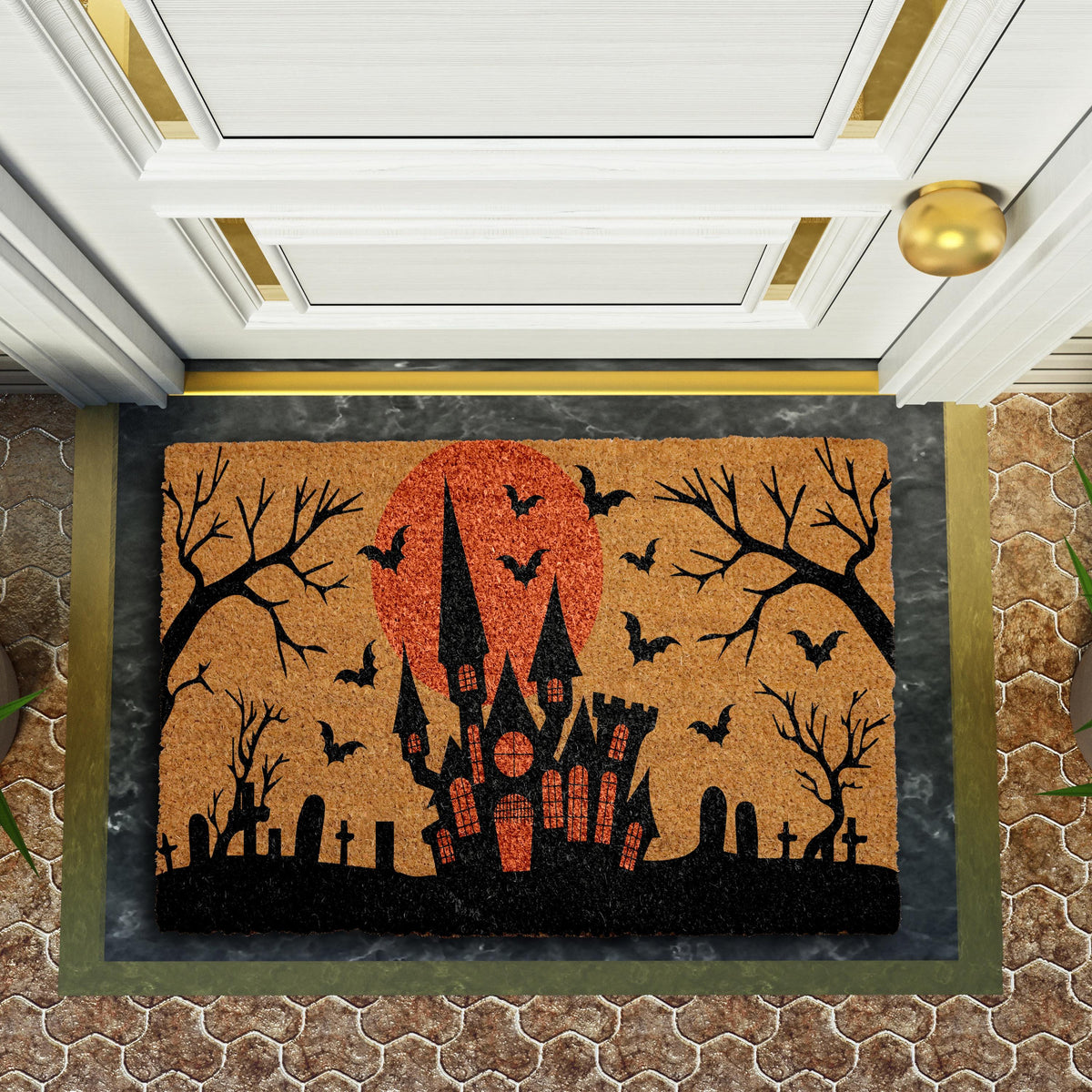 Haunted House Doormat, Bats & Graveyard Welcome Mat, Halloween Home Decor