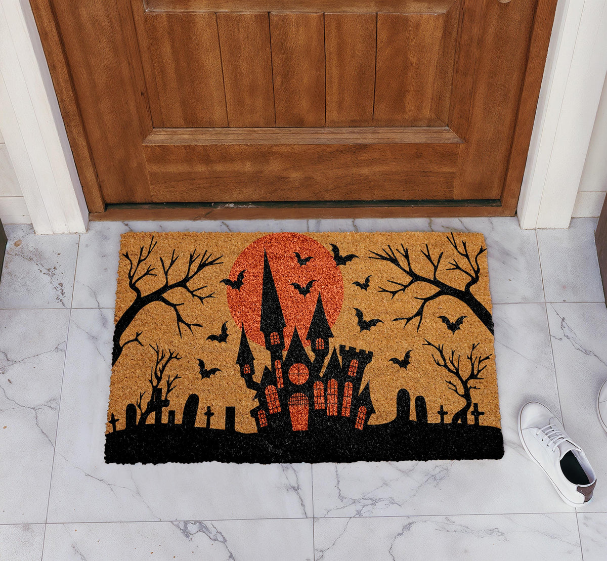 Haunted House Doormat, Bats & Graveyard Welcome Mat, Halloween Home Decor