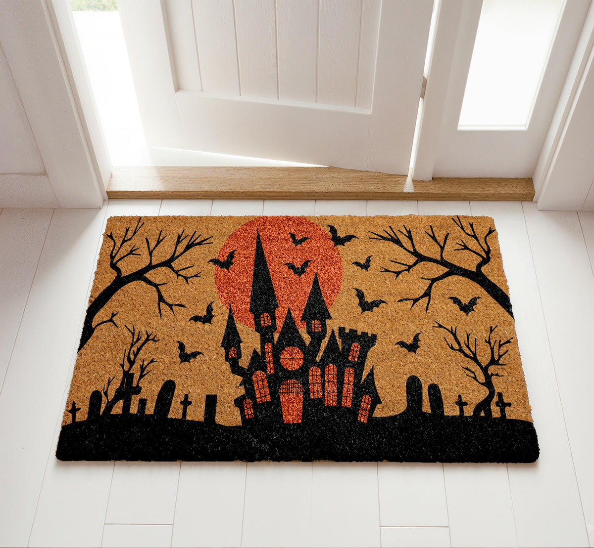 Haunted House Doormat, Bats & Graveyard Welcome Mat, Halloween Home Decor