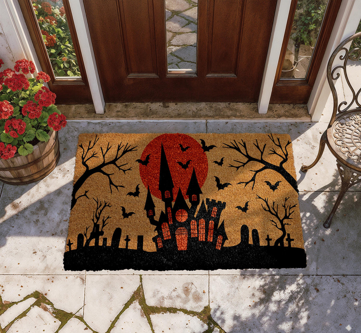 Haunted House Doormat, Bats & Graveyard Welcome Mat, Halloween Home Decor