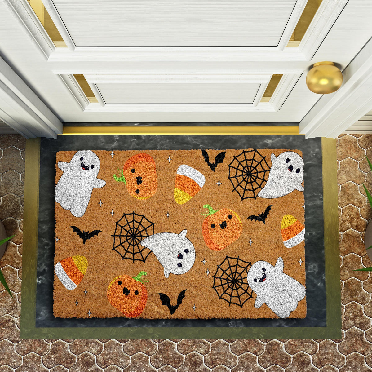 Funny Ghost & Pumpkin Pattern Welcome Mat, Happy Halloween Doormat, Spooky Season Entrance Rug