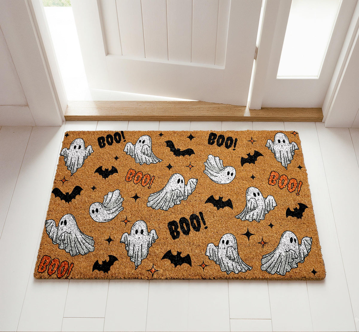 Ghost and Bat Pattern Doormat, Cute Halloween Welcome Mat, Spooky Season Home Entrance Rug