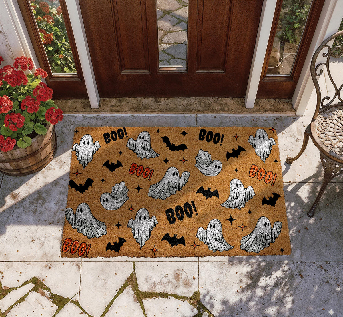 Ghost and Bat Pattern Doormat, Cute Halloween Welcome Mat, Spooky Season Home Entrance Rug