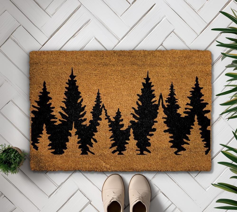 Treeline Doormat, Forest Welcome Mat, Pine Tree Silhouette Coir Mat, Rustic Cabin Decor