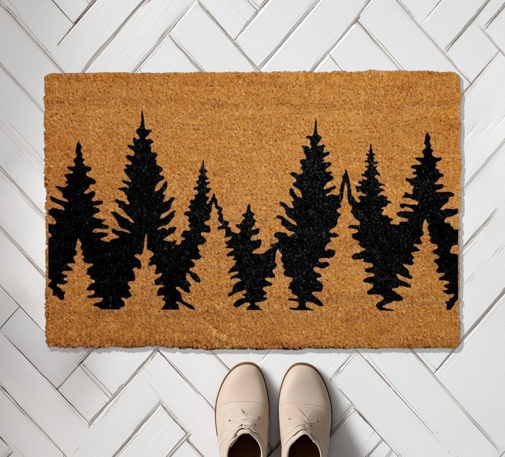 Treeline Doormat, Forest Welcome Mat, Pine Tree Silhouette Coir Mat, Rustic Cabin Decor