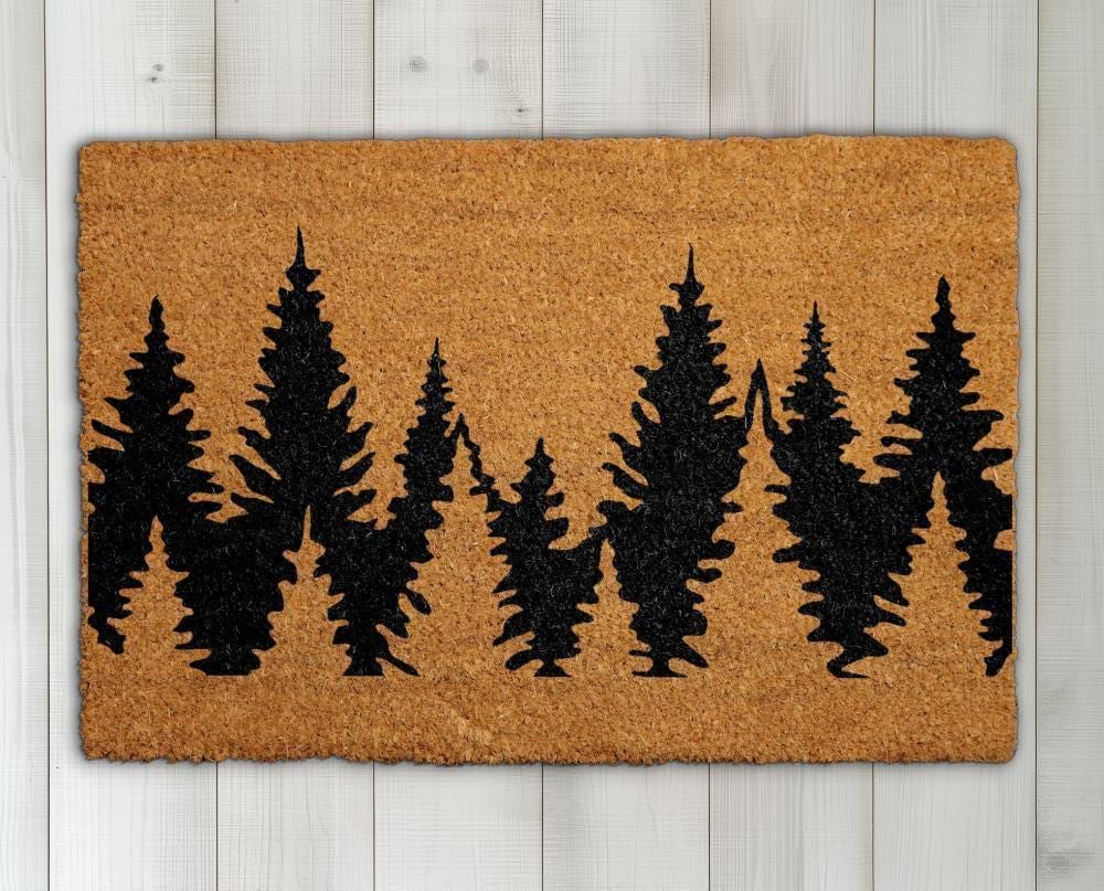 Treeline Doormat, Forest Welcome Mat, Pine Tree Silhouette Coir Mat, Rustic Cabin Decor