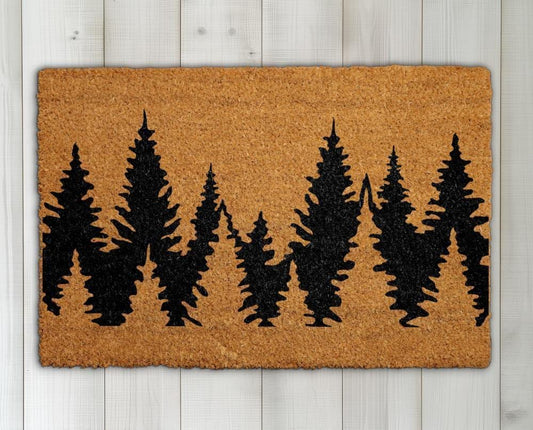 Treeline Doormat, Forest Welcome Mat, Pine Tree Silhouette Coir Mat, Rustic Cabin Decor