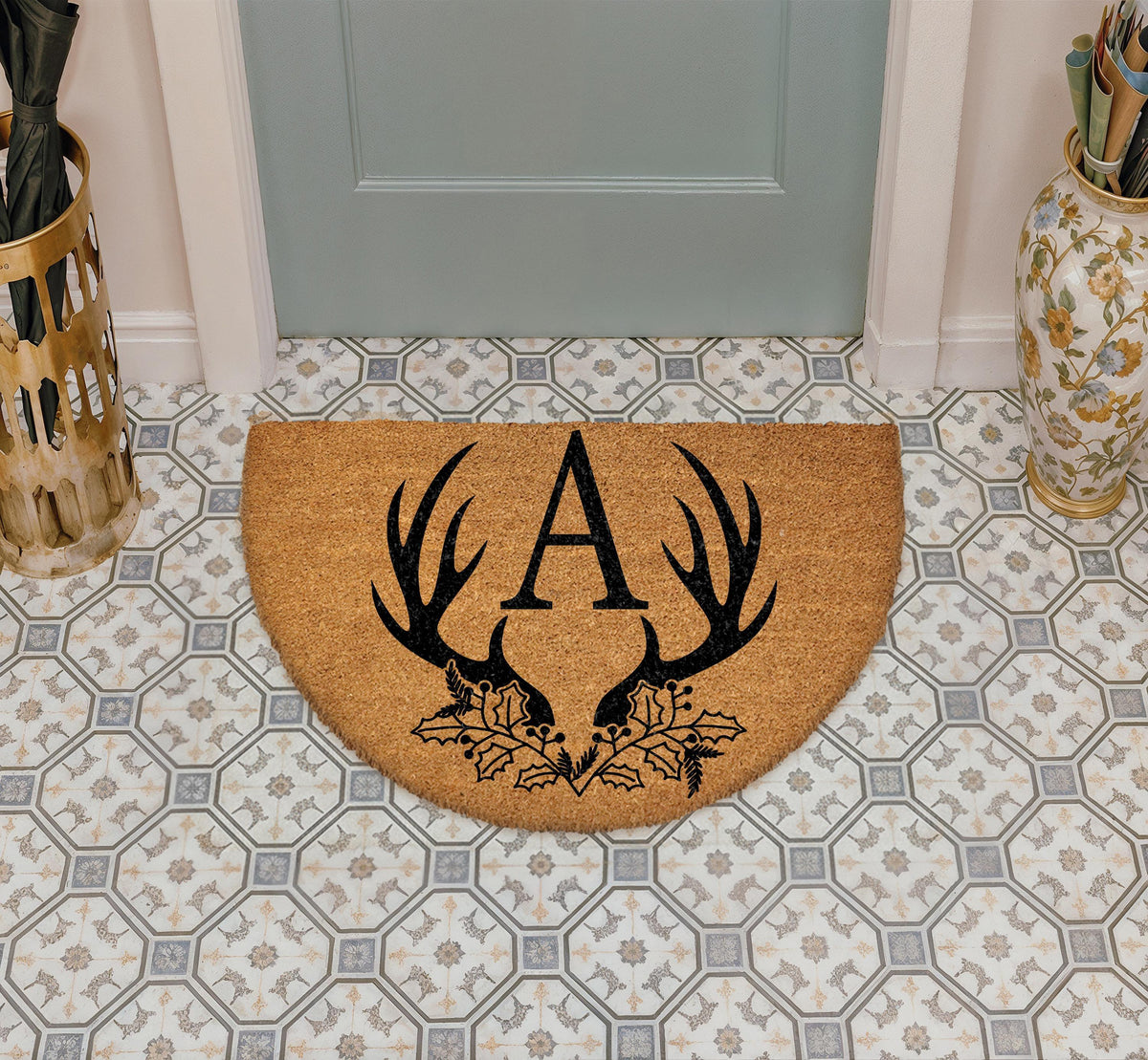 Custom Antler Monogram Doormat, Personalized Family Name Initial Welcome Mat