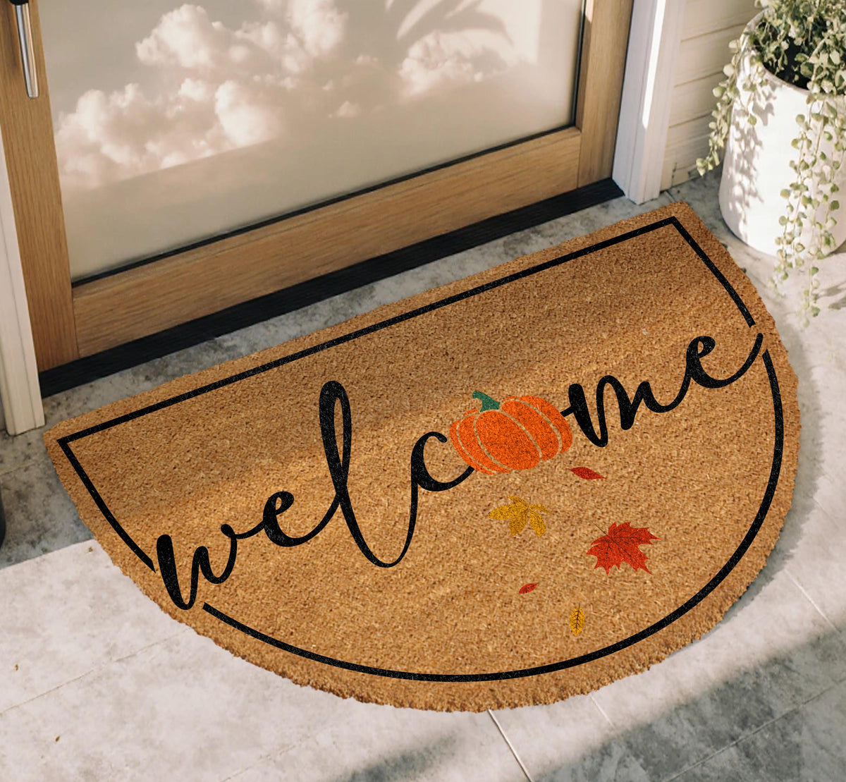 Pumpkin Welcome Doormat, Autumn Leaves Home Entrance Decor, Thanksgiving Front Porch Coir Rug