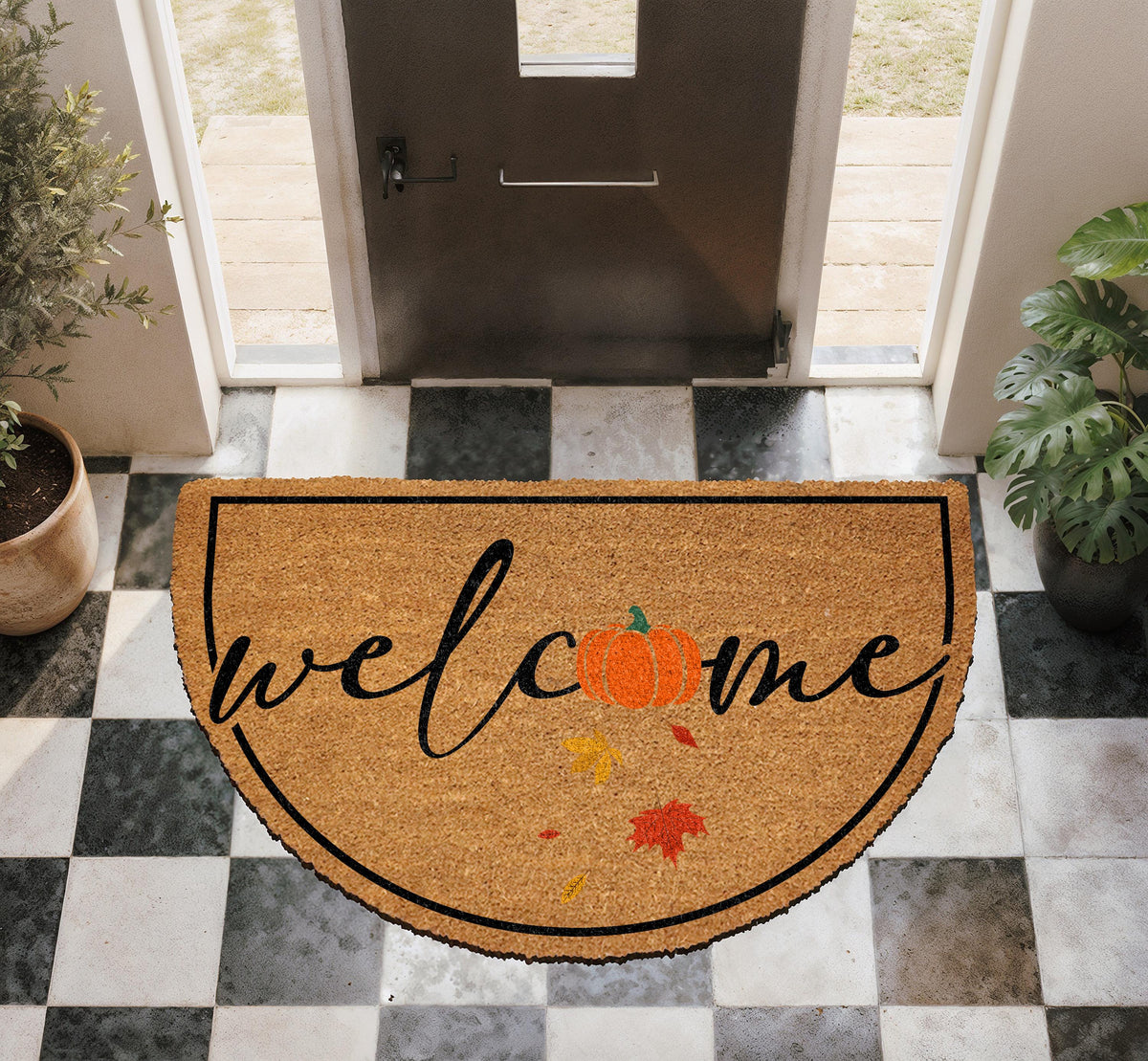 Pumpkin Welcome Doormat, Autumn Leaves Home Entrance Decor, Thanksgiving Front Porch Coir Rug