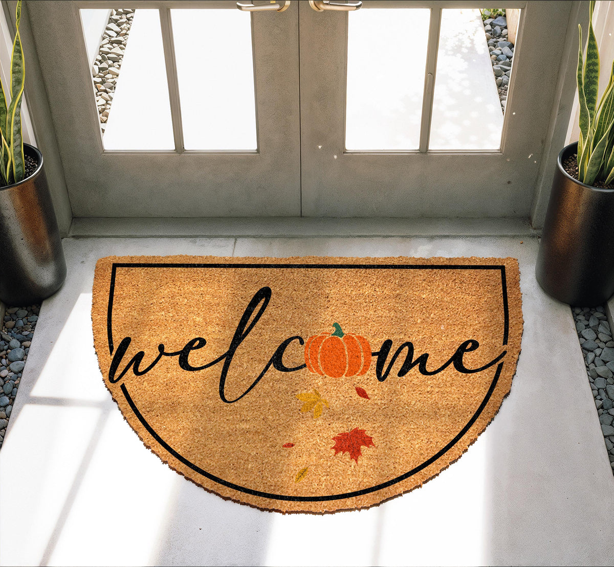 Pumpkin Welcome Doormat, Autumn Leaves Home Entrance Decor, Thanksgiving Front Porch Coir Rug