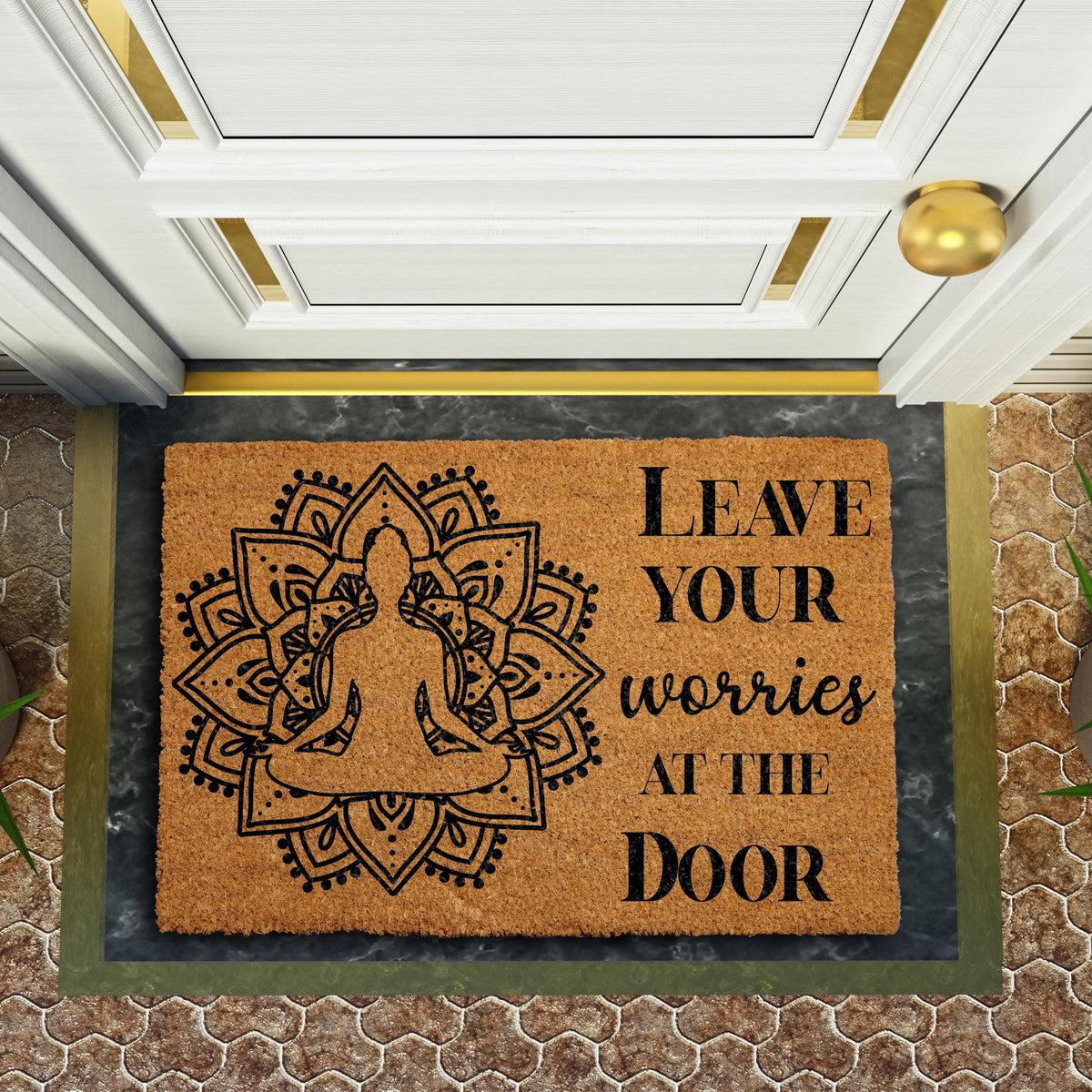 Leave Your Worries at the Door Doormat, Yoga Welcome Mat, Zen Home Entrance Decor