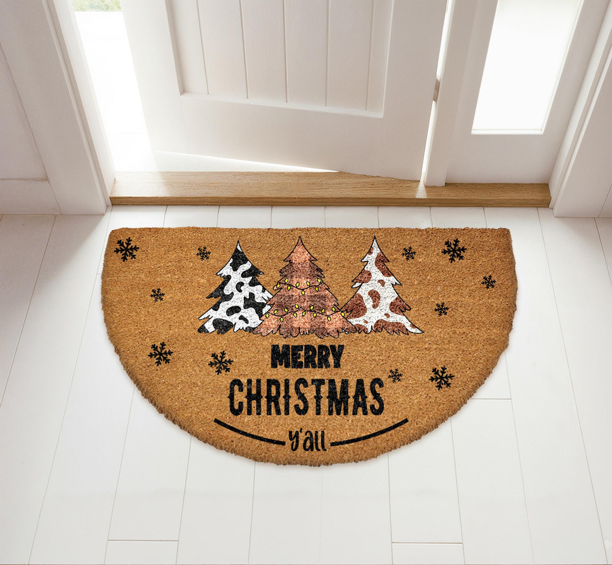 Merry Christmas Y'all Doormat, Cow Print Christmas Tree Welcome Mat, Rustic Xmas Home Decor