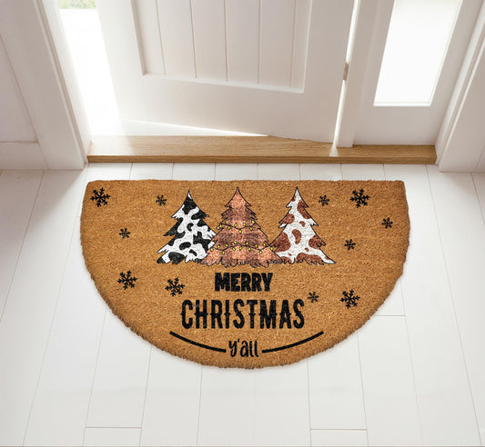 Merry Christmas Y'all Doormat, Cow Print Christmas Tree Welcome Mat, Rustic Xmas Home Decor