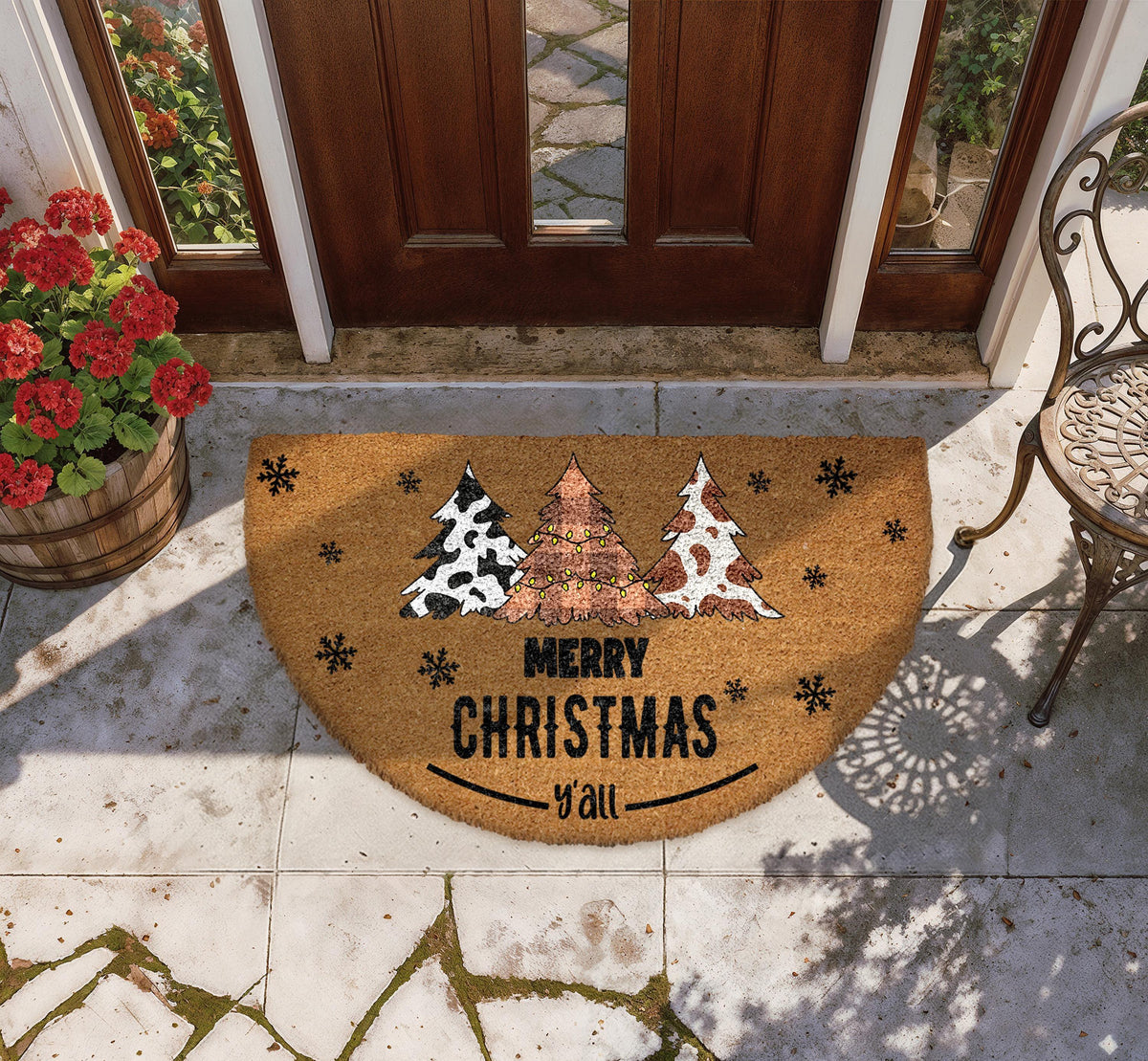 Merry Christmas Y'all Doormat, Cow Print Christmas Tree Welcome Mat, Rustic Xmas Home Decor