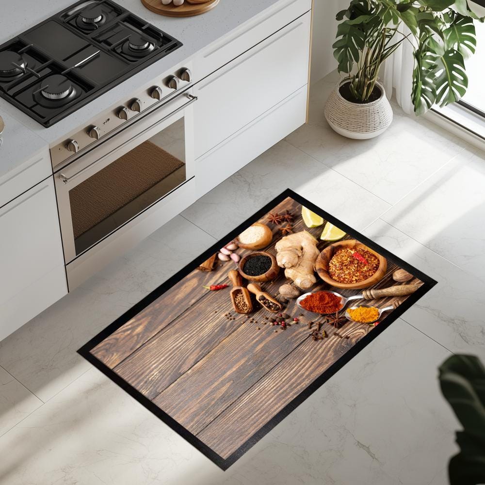 Herb Spice Kitchen Mat, Cozy Cook Floor Rug, Washable Kitchen Decor, Indoor Rug