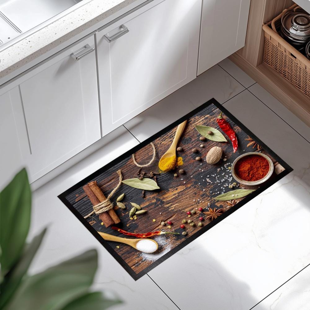 Herb Spice Kitchen Mat, Cozy Cook Floor Rug, Washable Kitchen Decor, Indoor Rug