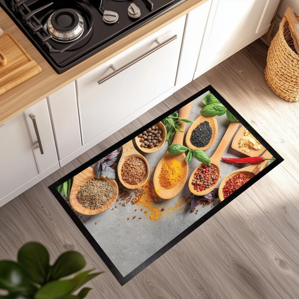 Herb Spice Kitchen Mat, Cozy Cook Floor Rug, Washable Kitchen Decor, Indoor Rug