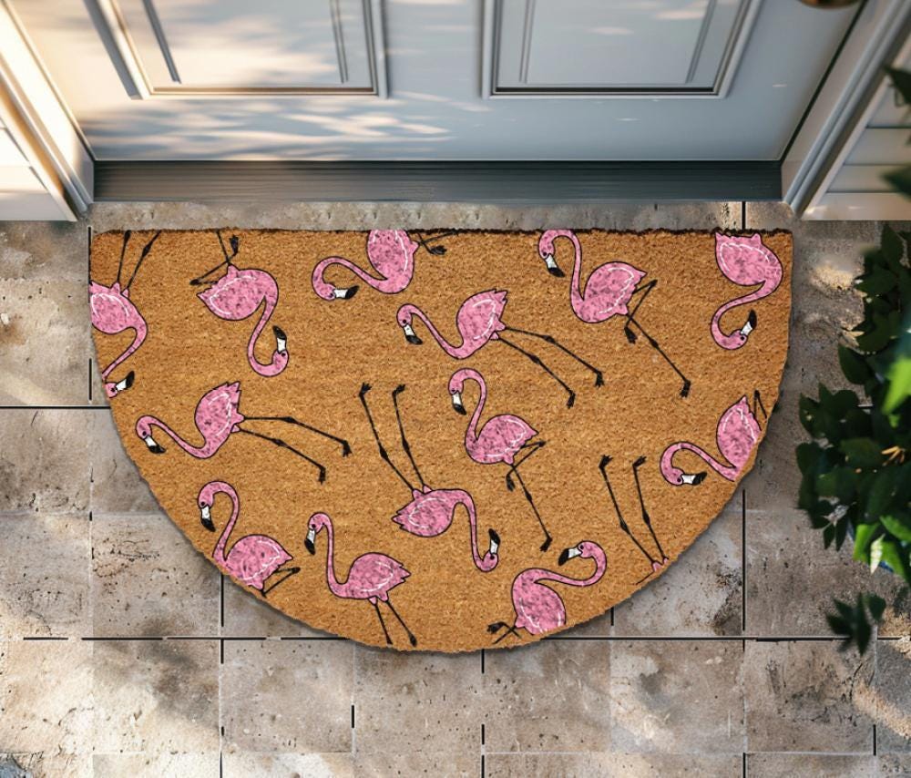 Cute Pink Flamingo Doormat, Tropical Beach House Welcome Mat, Front Porch Rug