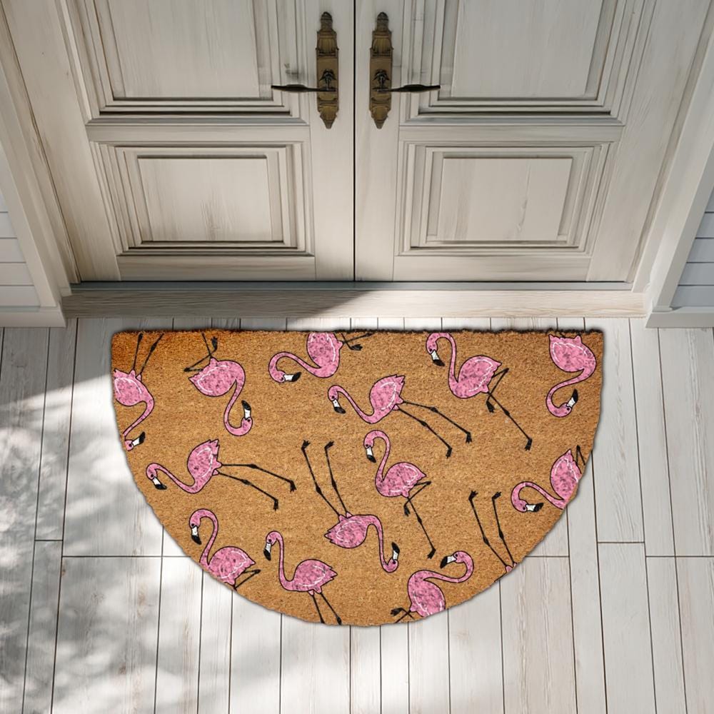 Cute Pink Flamingo Doormat, Tropical Beach House Welcome Mat, Front Porch Rug