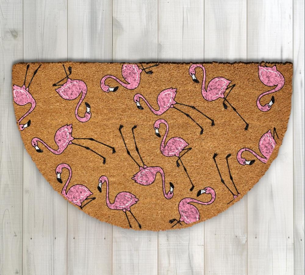 Cute Pink Flamingo Doormat, Tropical Beach House Welcome Mat, Front Porch Rug
