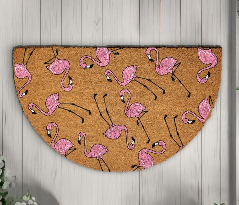 Cute Pink Flamingo Doormat, Tropical Beach House Welcome Mat, Front Porch Rug