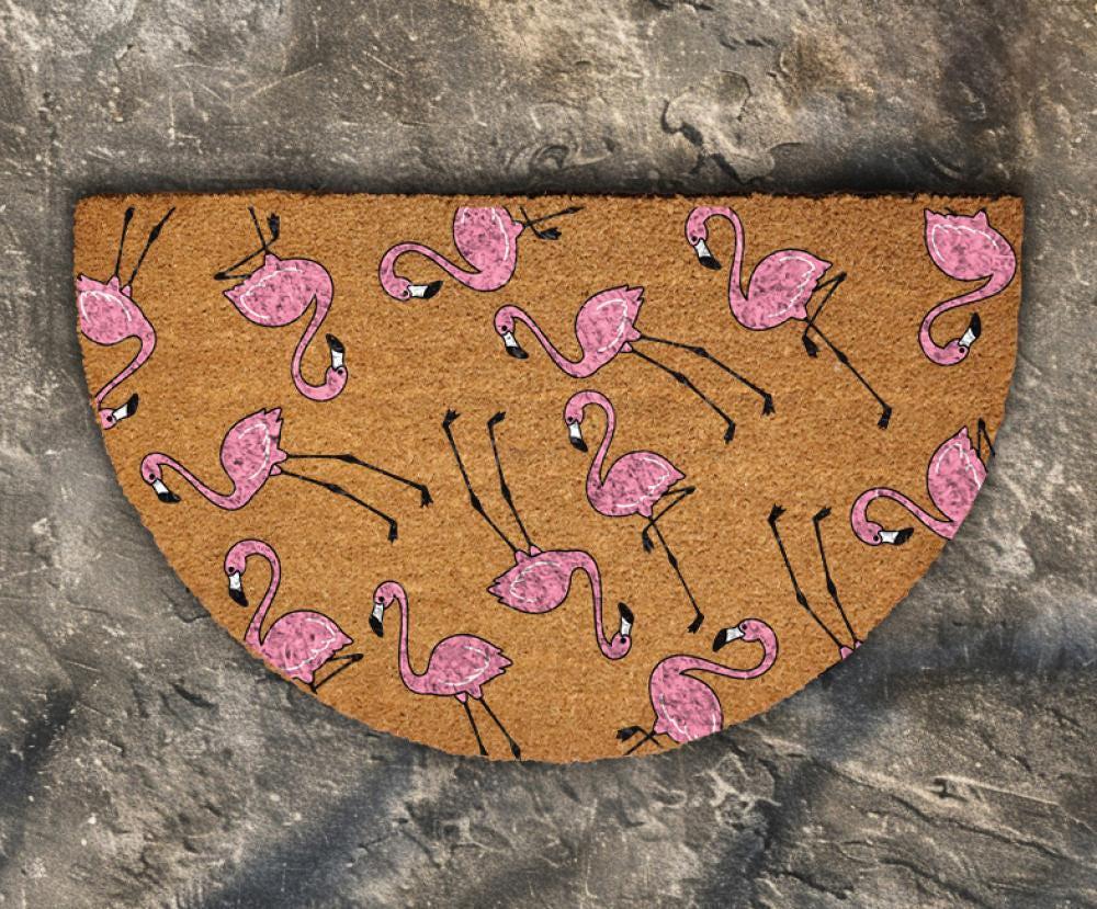 Cute Pink Flamingo Doormat, Tropical Beach House Welcome Mat, Front Porch Rug