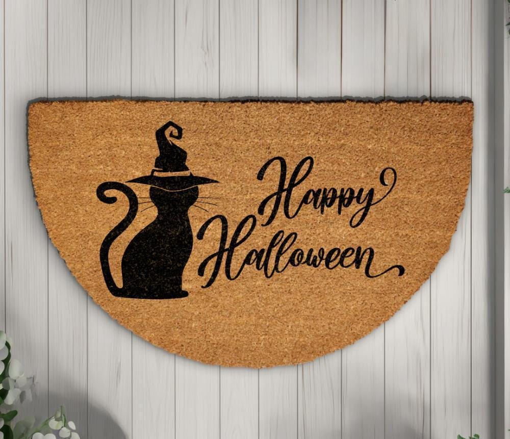 Happy Halloween Doormat, Witchy Black Cat Welcome Mat, Spooky Season Home Decor