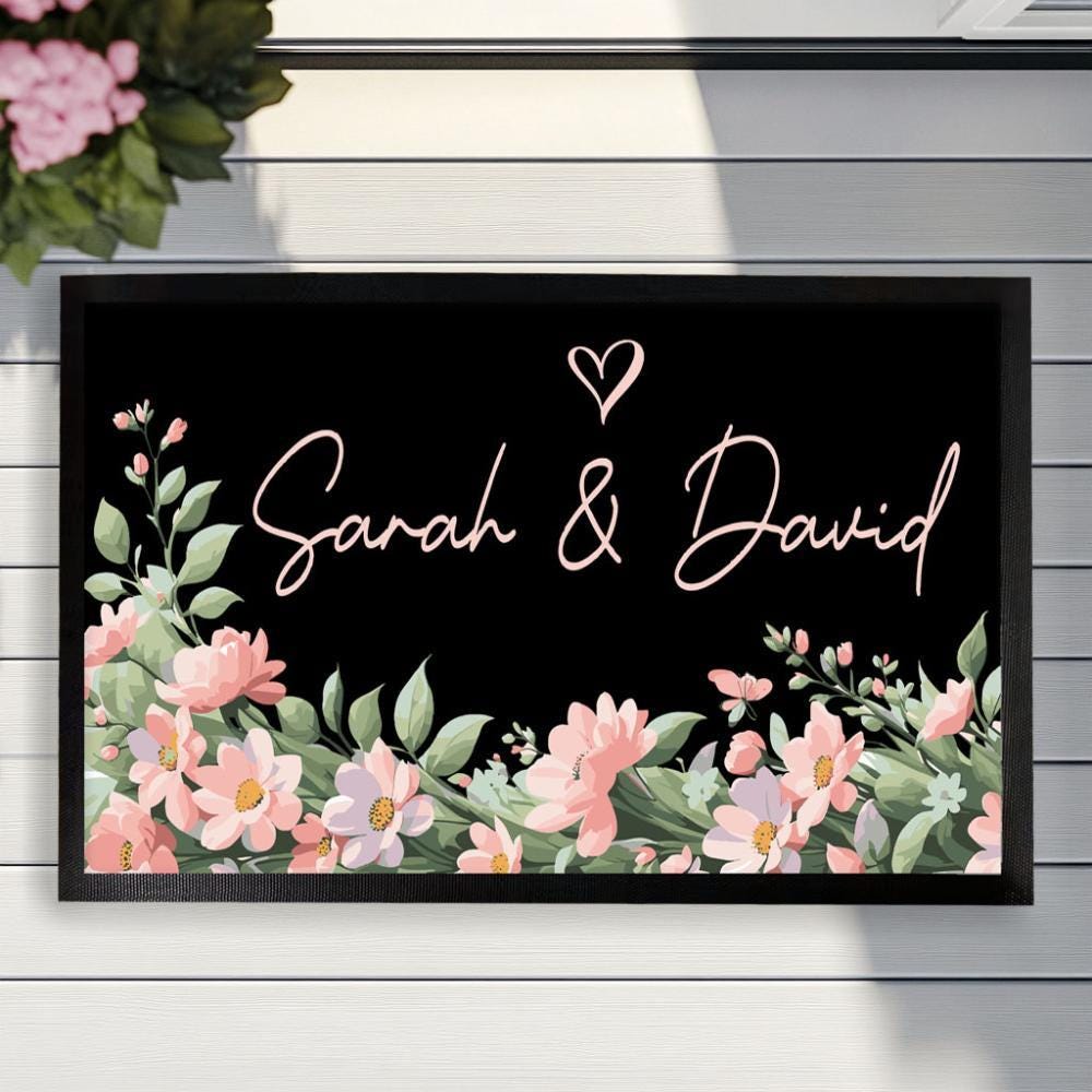 Custom Couple Names Doormat, Floral Wedding Anniversary Entry Rug