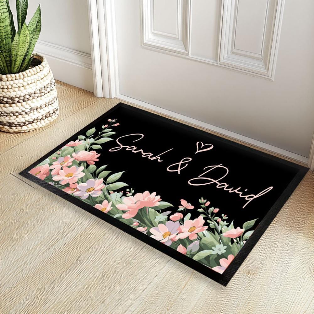 Custom Couple Names Doormat, Floral Wedding Anniversary Entry Rug